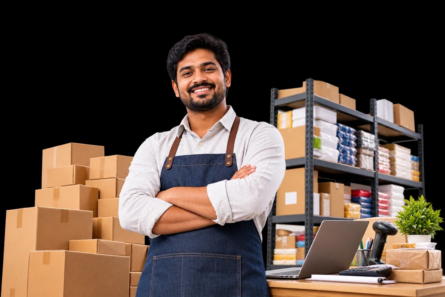 A smiling shop owner in an apron, arms folded, in his stockroom with boxes and shelves