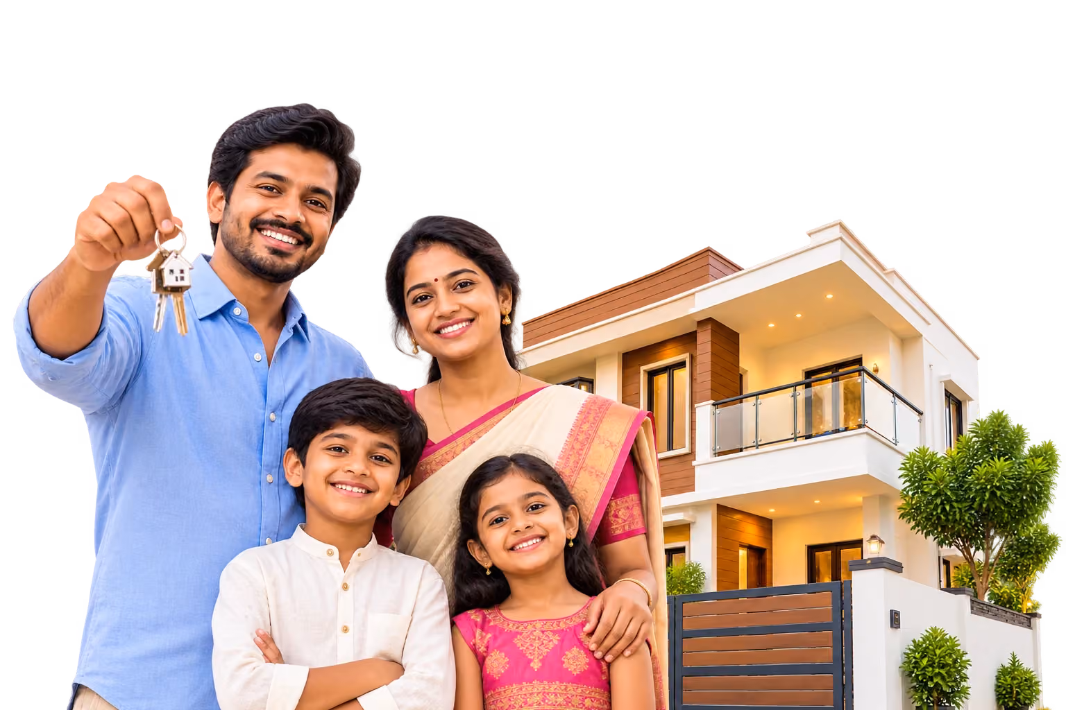 A smiling family in front of their home, the father holding up the house keys