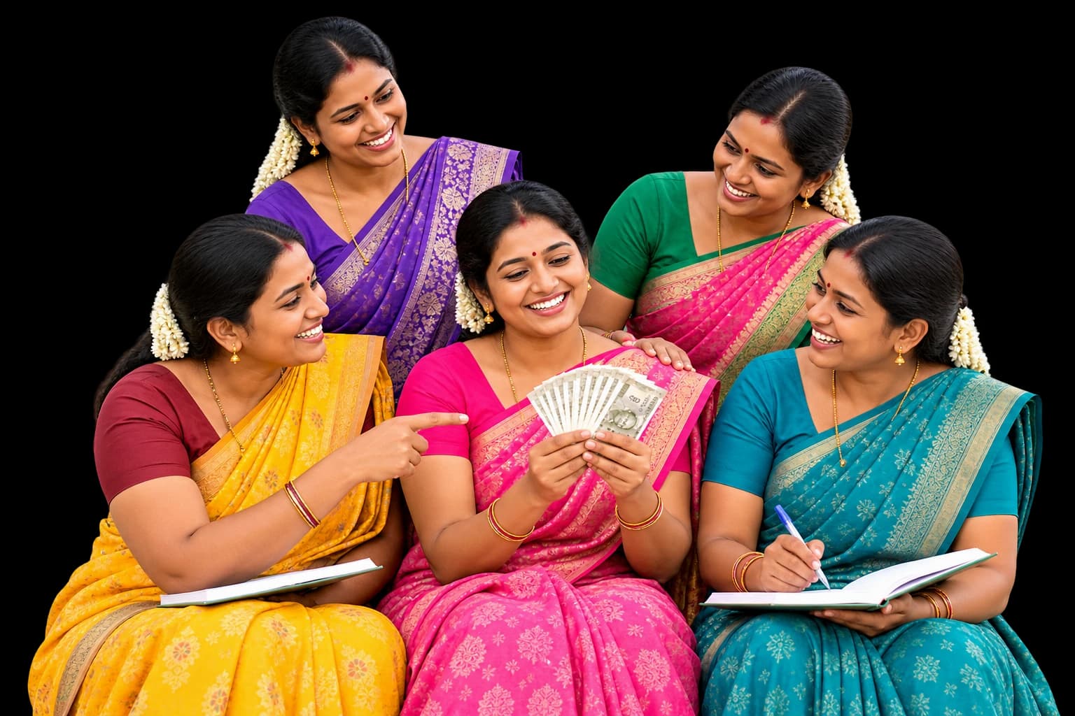 Five smiling women in colourful saris sit together, one holding rupee notes and one writing in a ledger