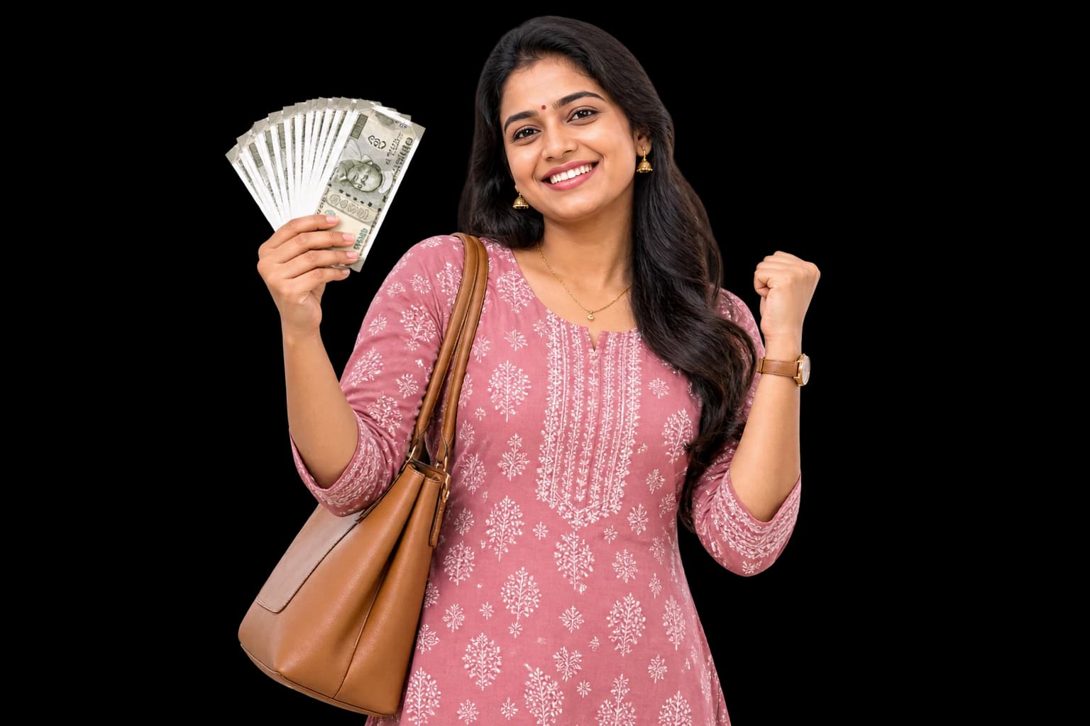 A smiling young woman in a pink kurta with a shoulder bag, holding up rupee notes