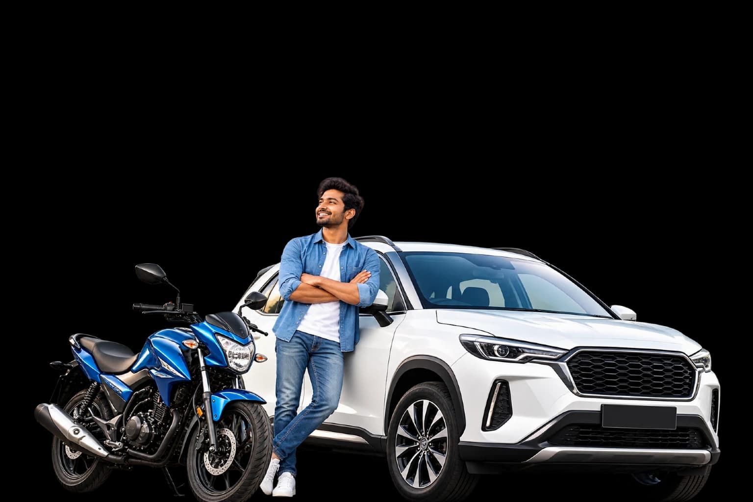 A smiling man holds up car keys, leaning against his white SUV
